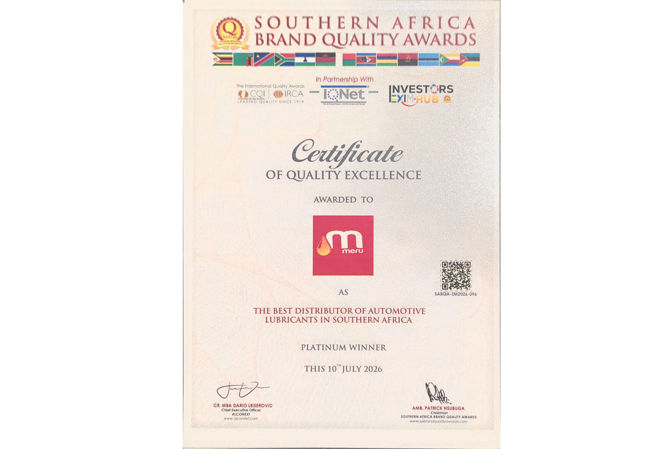 Mount Meru Group is proud to announce its recognition as the Best Distributor of Automotive Lubricants in Southern Africa – Platinum Winner at the 2026 Southern Africa Brand Quality Awards.  The prestigious recognition celebrates excellence in the distrib