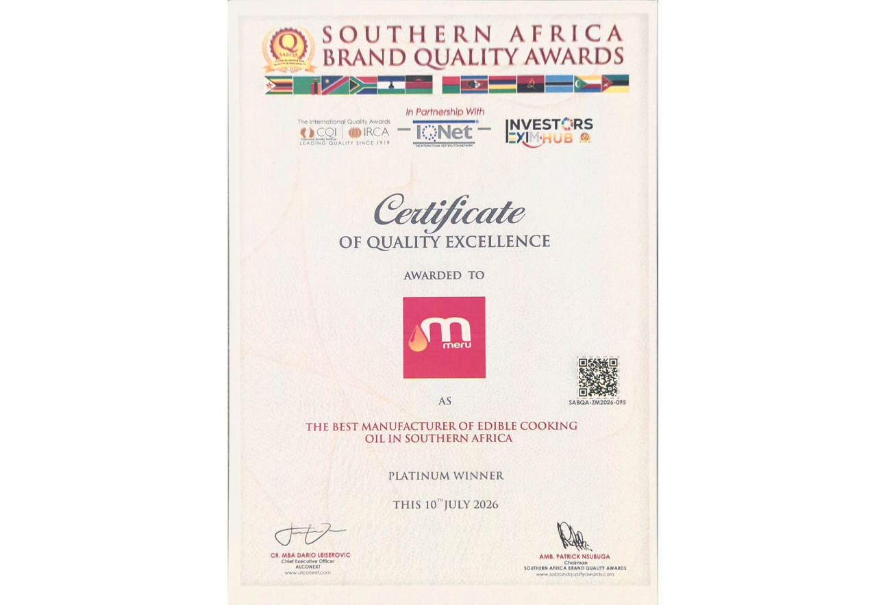 Mount Meru Group is delighted to announce its recognition as the Best Manufacturer of Edible Cooking Oil in Southern Africa – Platinum Winner at the 2026 Southern Africa Brand Quality Awards.  The prestigious award recognizes excellence in the manufacturi