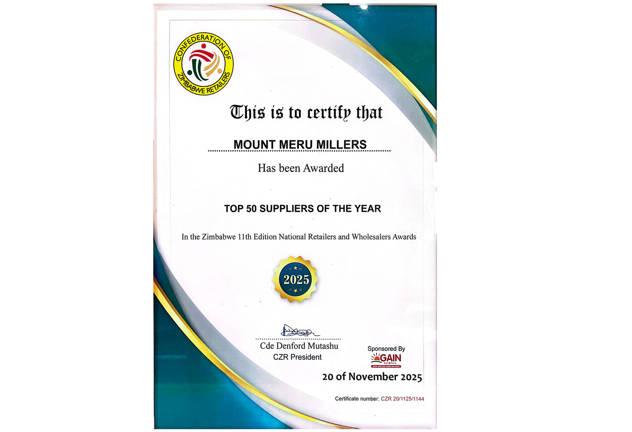 Mount Meru Millers awarded Top 50 Suppliers of the Year at the Zimbabwe 11th Edition National Retailers and Wholesalers Awards 2025