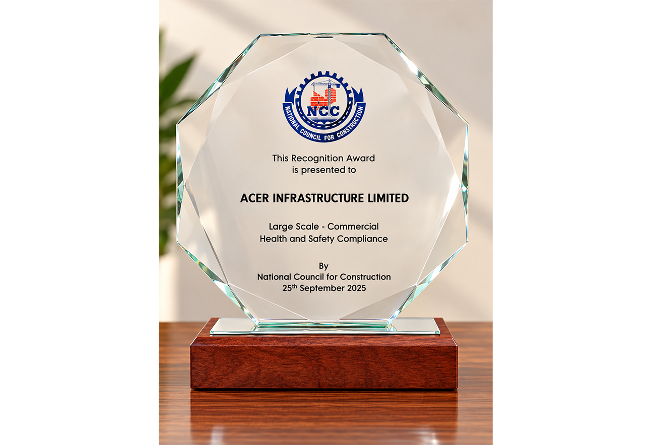 Acer Infrastructure Ltd. Zambia receiving the Health and Safety Compliance Trophy from the National Council for Construction, Zambia, in recognition of outstanding health and safety compliance