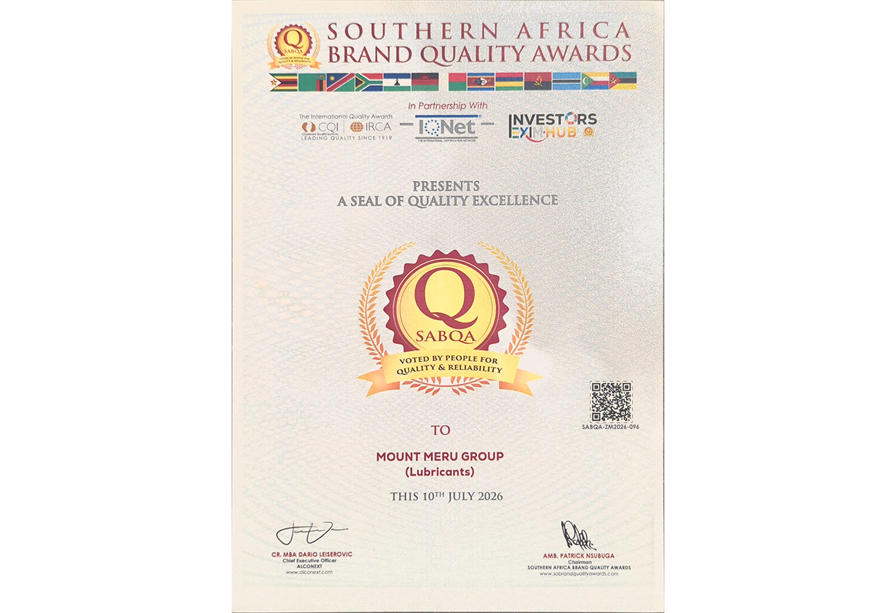 Mount Meru Group has been awarded the Seal of Quality Excellence in recognition of its performance in the automotive lubricants sector.  The recognition, presented under the Southern Africa Brand Quality Awards 2026, highlights Mount Meru Group’s continue