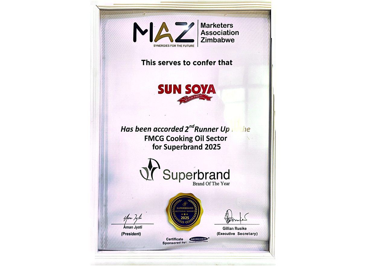 Sun Soya awarded 2nd Runner-Up in the FMCG Cooking Oil Sector at Superbrand 2025 by the Marketers Association of Zimbabwe