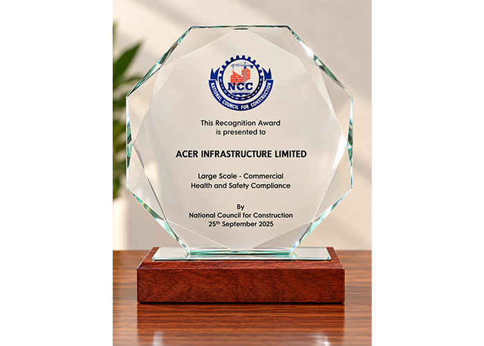 Acer Infrastructure Limited Recognition Award for Large Scale – Commercial Health and Safety Compliance presented by the National Council for Construction on 25th September 2025.