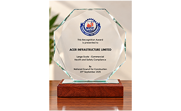 Acer Infrastructure Ltd. Zambia receiving the Health and Safety Compliance Trophy from the National Council for Construction, Zambia, in recognition of outstanding health and safety compliance
